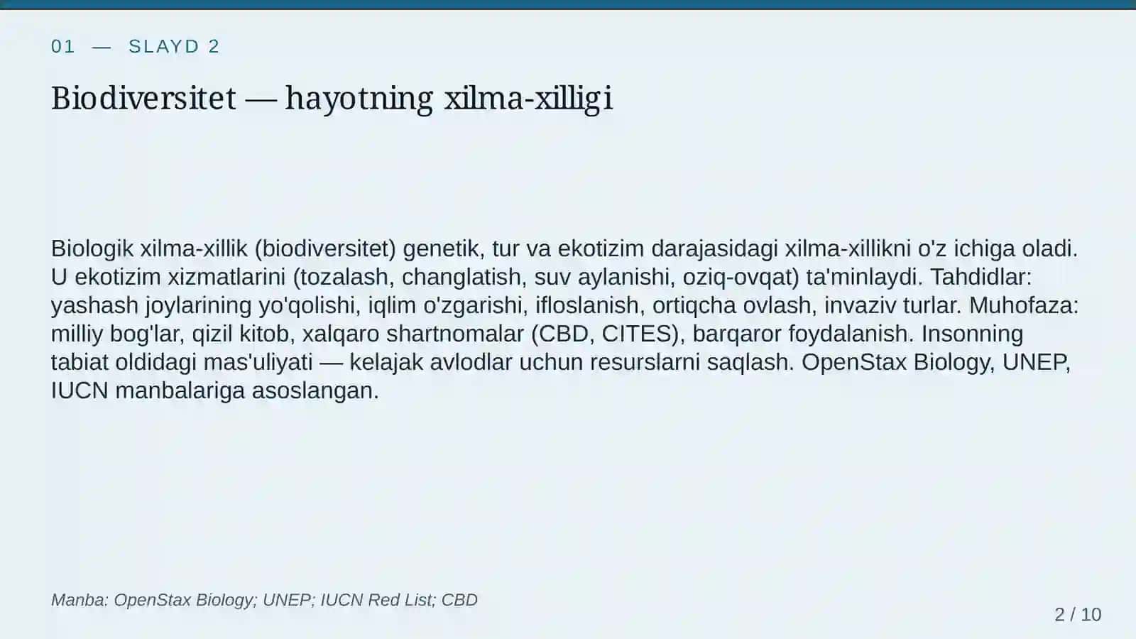 Biodiversitet va tabiatni muhofaza qilish 2