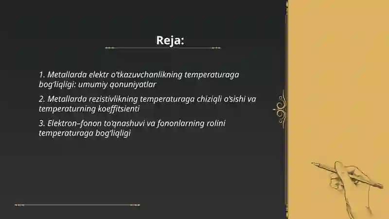 Metallar, yarimo’tkazgichlarda va elektrlardagi elektr o’tkazuvchanligining tempereturaga bo’g’liqlidi 2