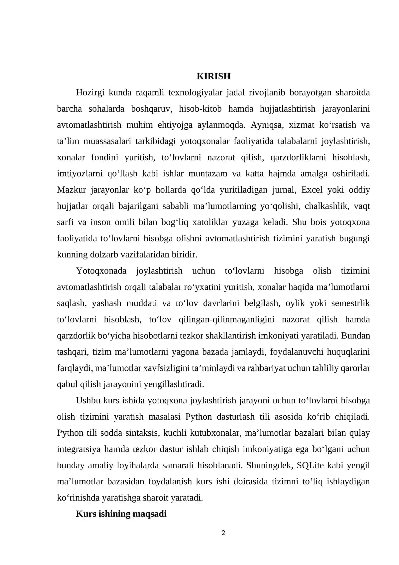 Yotoqxonada Joylashtirish Uchun To'lovlarni Hisobga Olishni Avtomatlashtirish Tizimini Ishlab Chiqish 2