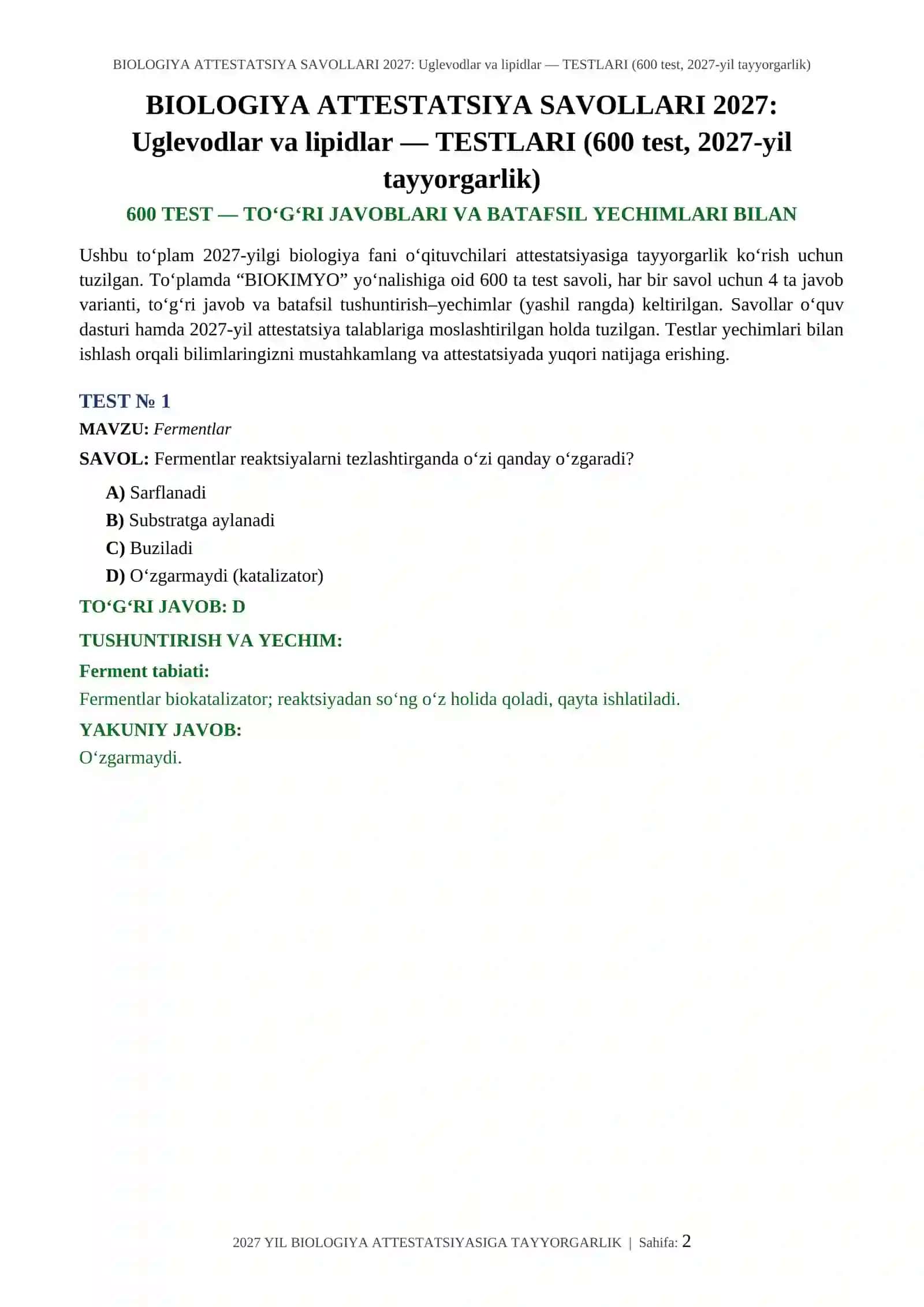 BIOLOGIYA ATTESTATSIYA SAVOLLARI 2027: Uglevodlar va lipidlar — TESTLARI (600 test, 2027-yil tayyorgarlik) 2