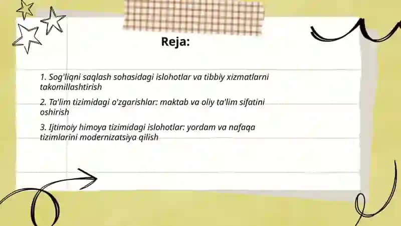 O'zbekistonda ijtimoiy sohada amalga oshirilayotgan o'zgarishlar mazmun va mohiyati 2