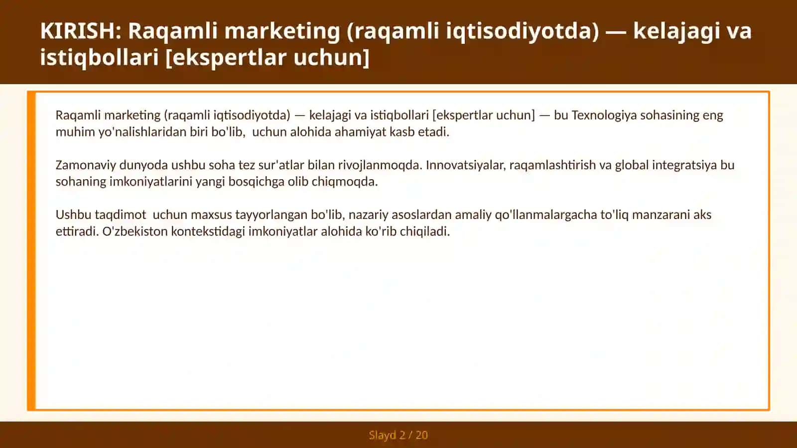 RAQAMLI MARKETING (RAQAMLI IQTISODIYOTDA) — KELAJAGI VA ISTIQBOLLARI [EKSPERTLAR UCHUN] 2