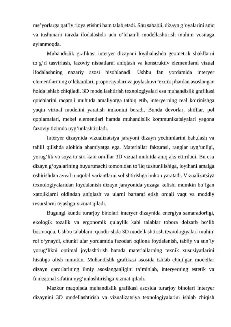 MUHANDISLIK GRAFIKASI ASOSIDA TURARJOY BINOLARI INTERYER DIZAYNINI 3D MODELLASHTIRISH VA VIZUALIZATSIYA TEXNOLOGIYALARINI ISHLAB CHIQISH 2