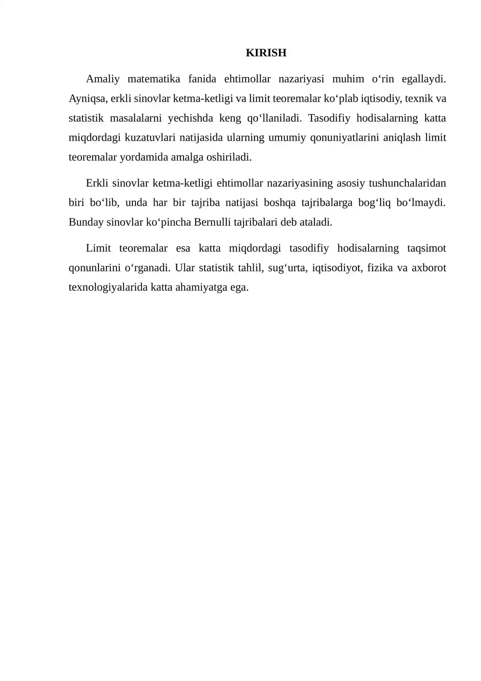 ERKLI SINOVLAR KETMA-KETLIGI. LIMIT TEOREMALAR 2