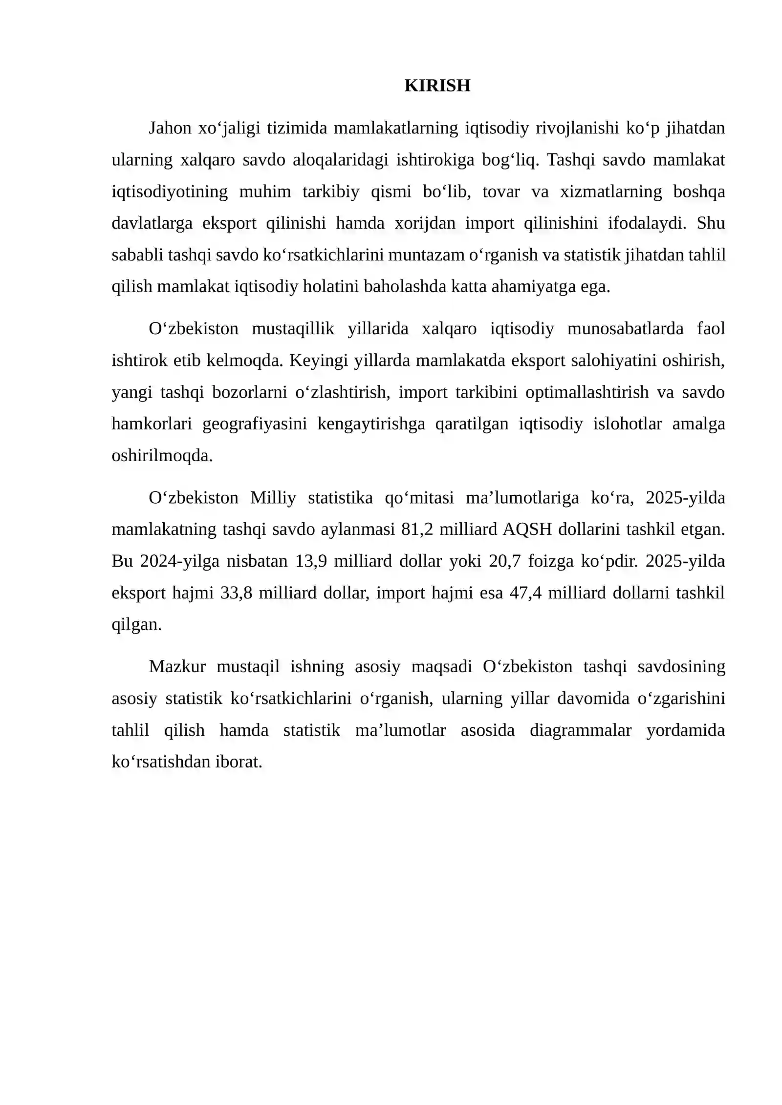 O‘zbekistonning Tashqi Savdo Ko‘rsatkichlari Bo‘yicha Statistik Ma’lumotlar Asosida Diagrammalar Tayyorlash 2