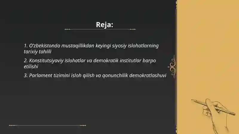 Òzbekistonda demokratik fuqorolik jamiyati asoslarining shakilanishi siyosiy islohatlar 2