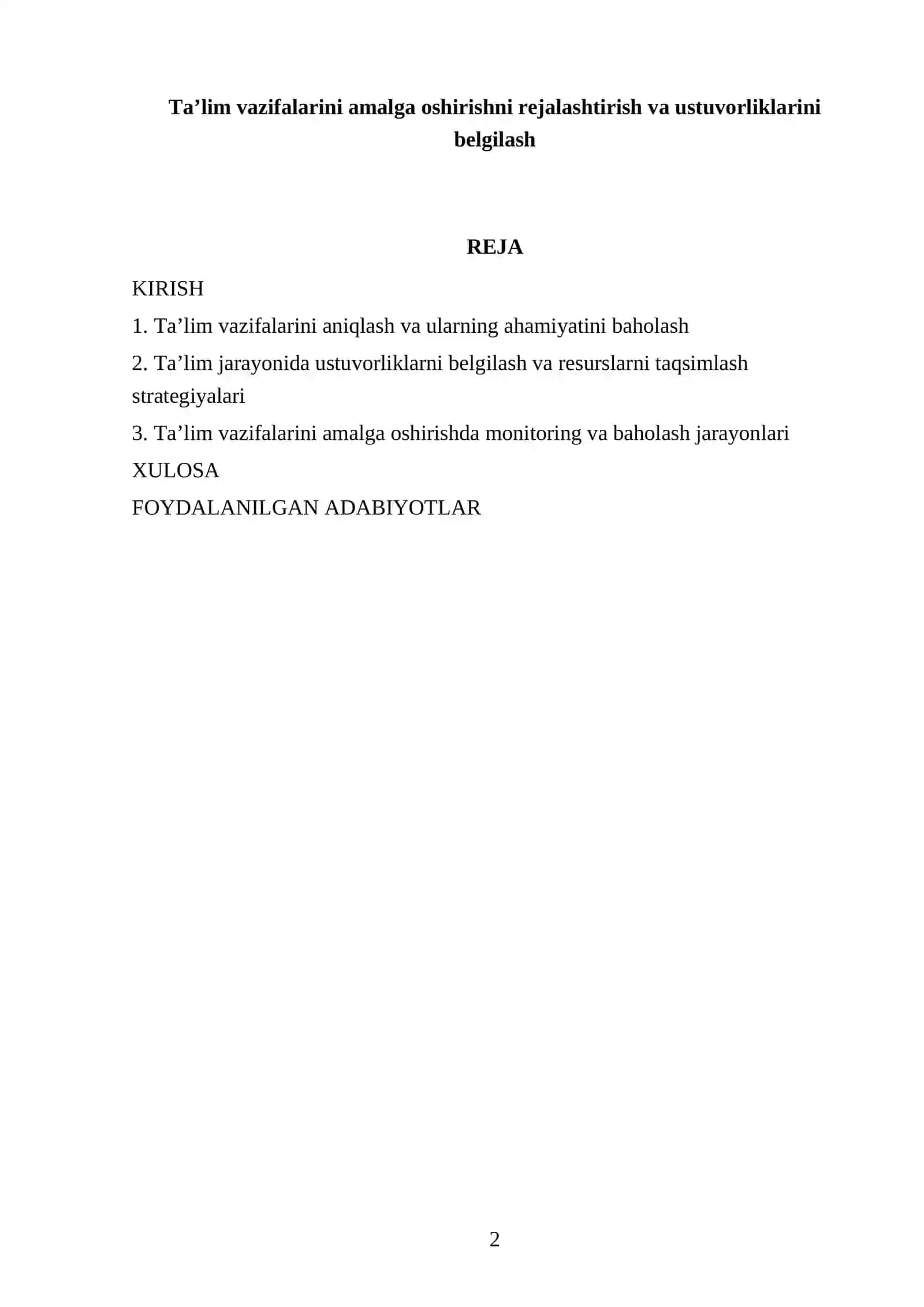 Ta’lim vazifalarini amalga oshirishni rejalashtirish va ustuvorliklarini belgilash 2