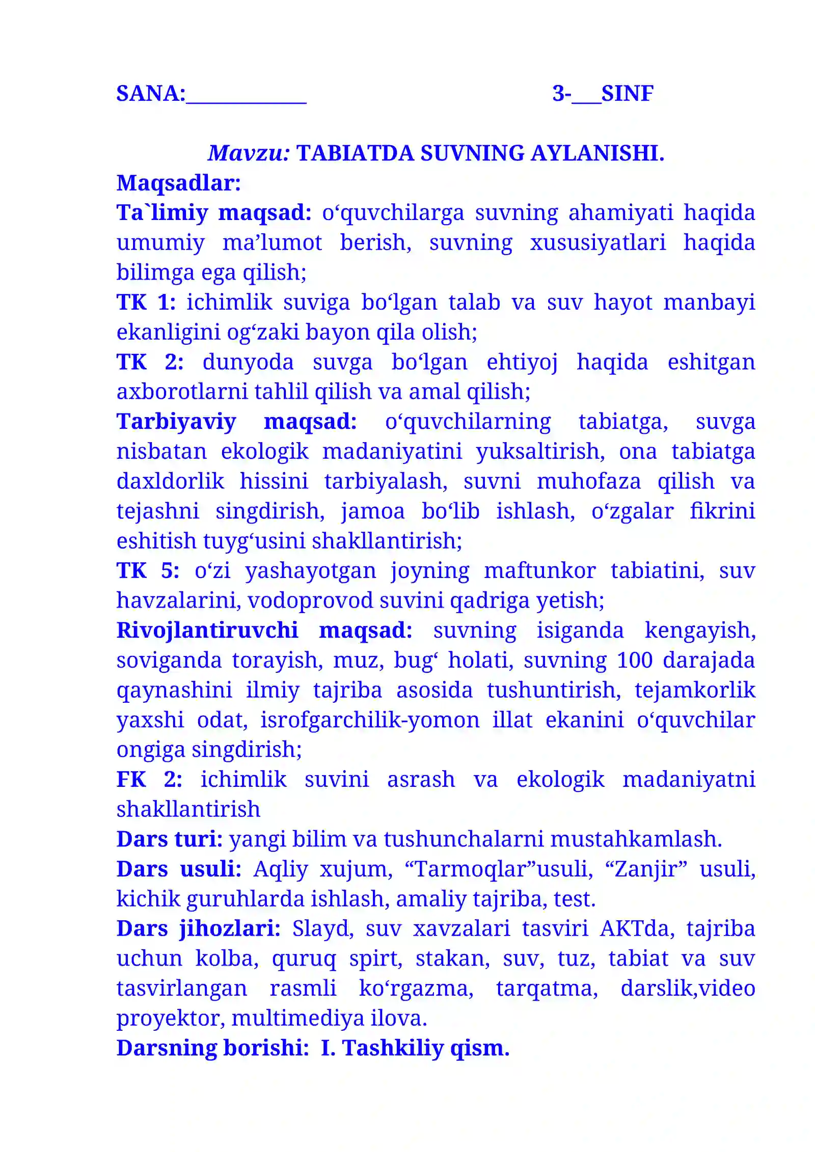3-sinf Tabiiy fandan Tabiatda suvning aylanishi mavzusida dars ishlanma 2