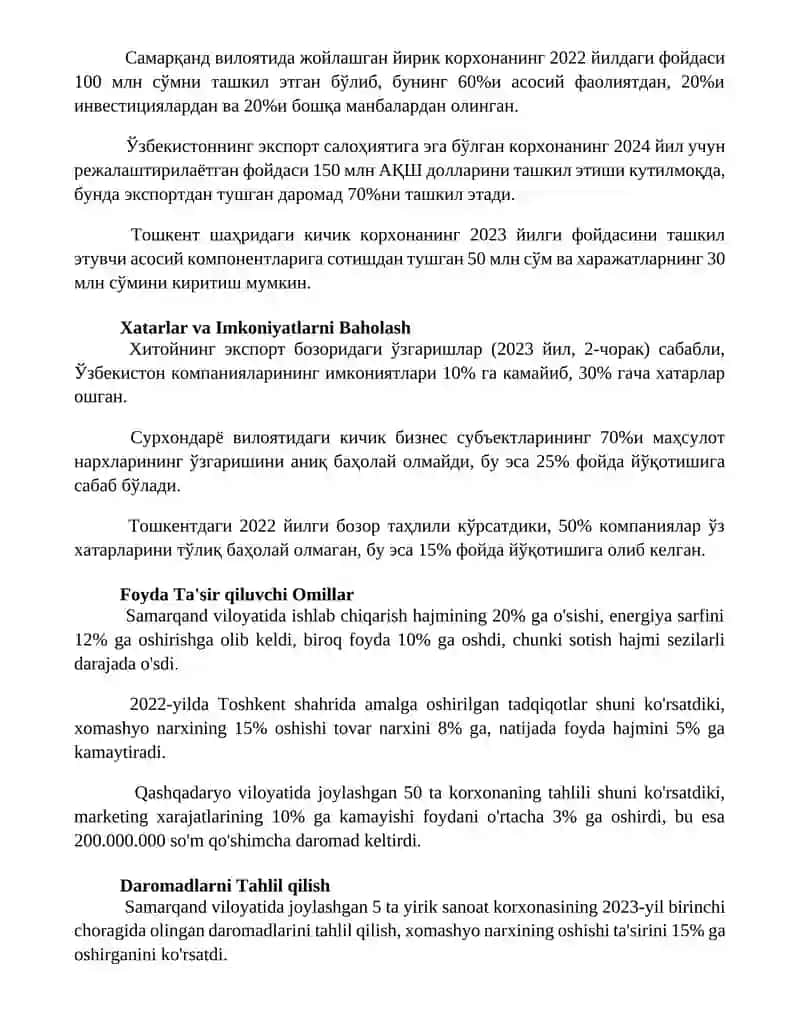 Profit shakllanishining tizimli tahlili 2
