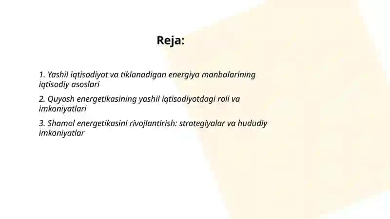 Yashil iqtisodiyot va tiklanadigan energiya manbalarining iqtisodiy asoslari 2