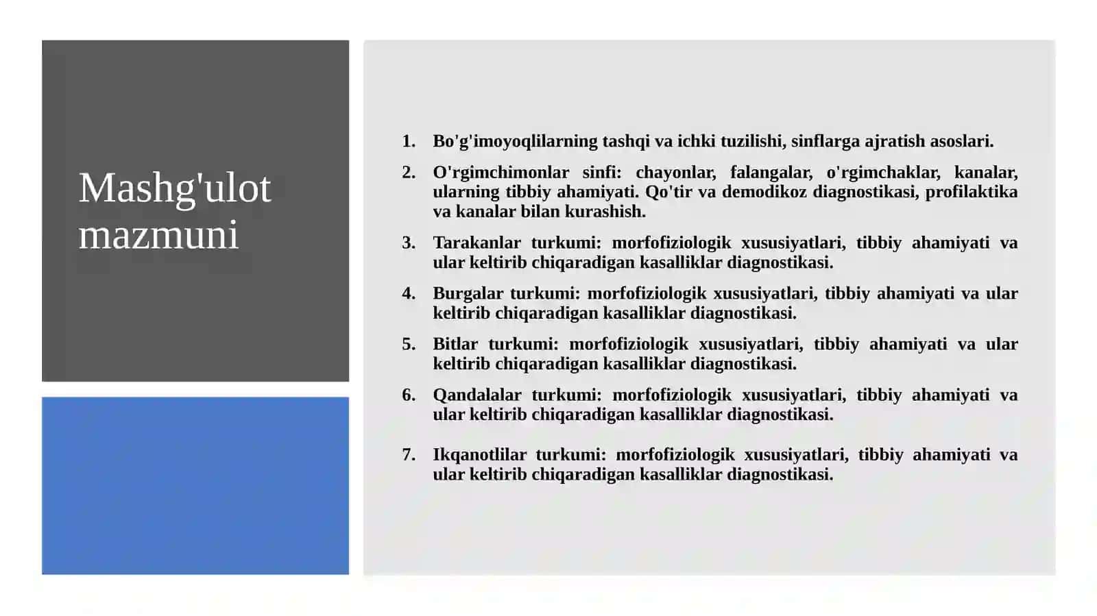 Tibbiy parazitologiya - o'rgimchaksimonlar va hasharotlar 2