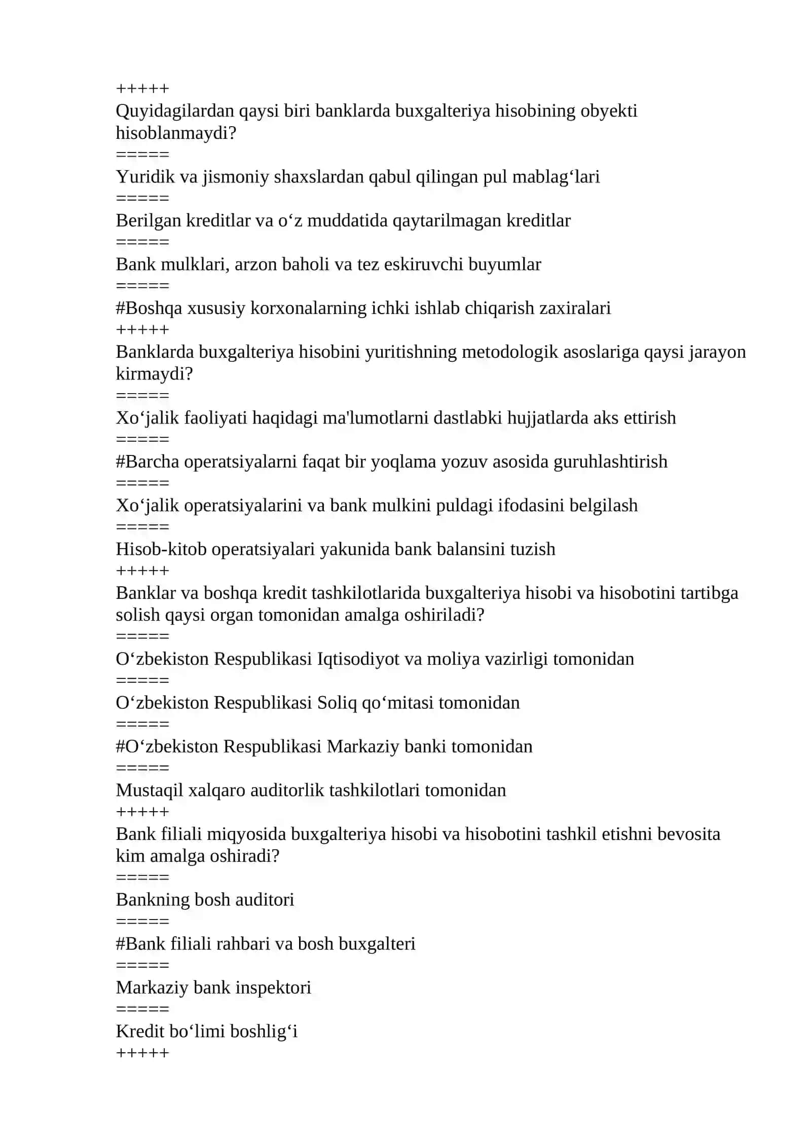 BBHA Banklarda buxgalteriya hisobi asoslari Yakuniy Nazorat TDIU 2026 2