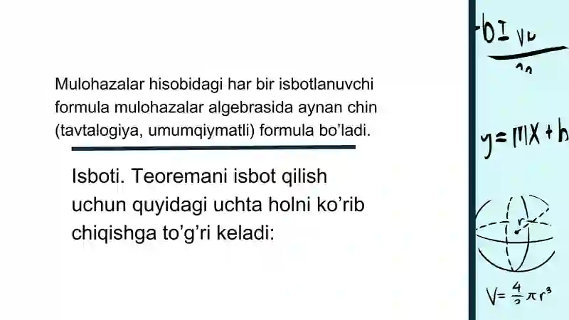 Mulohazalar algebrasining umum qiymatli formulalari 2
