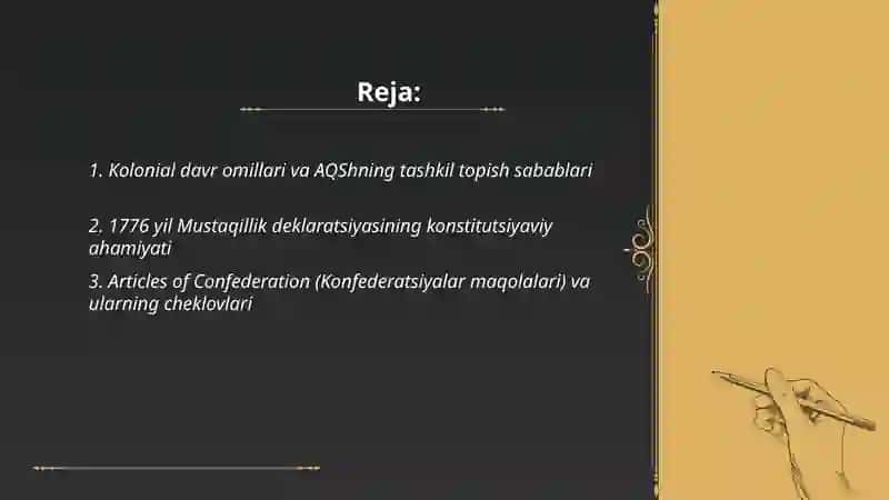 Aqsh ning tashkil topishi va xx asr boshlarigacha kanisitutsiyaviy rivojlanishi 2