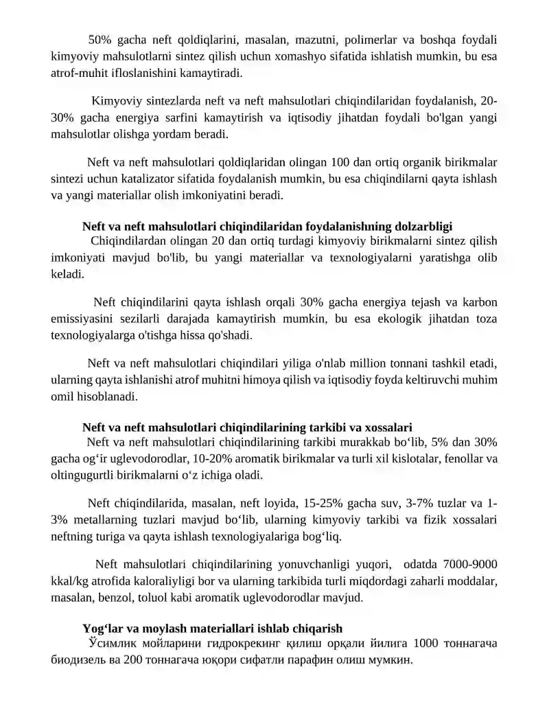 Neft va neft mahsulotlari chiqindilari asosdagi sintezlar 2