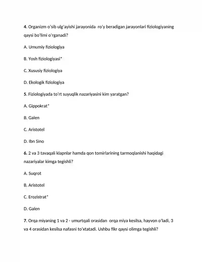 Fiziologiya test savollar 2
