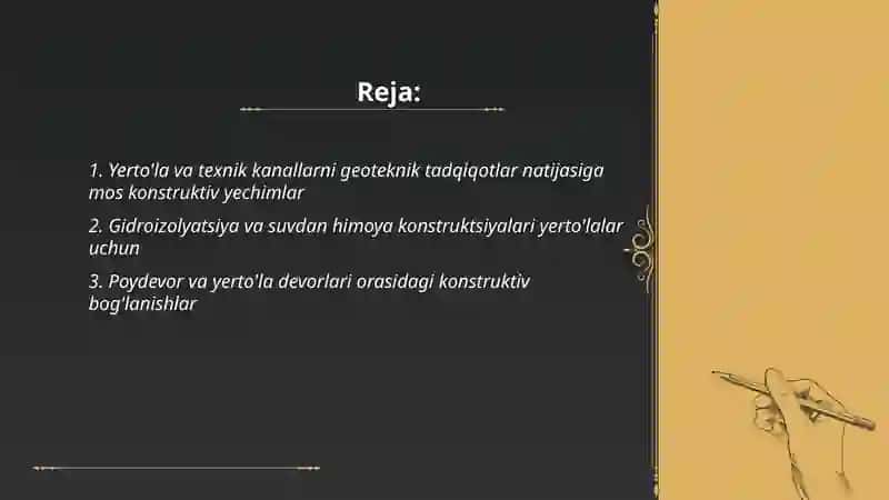 Loyihalash ishlarida yerto'lalar va texnik kanallarning konstruktiv yechimlari 2