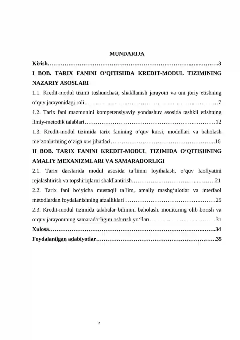 TARIX FANIDAN O‘QITISHNING KREDIT-MODUL TIZIMIDAGI O‘ZIGA XOSLIKLARI 2