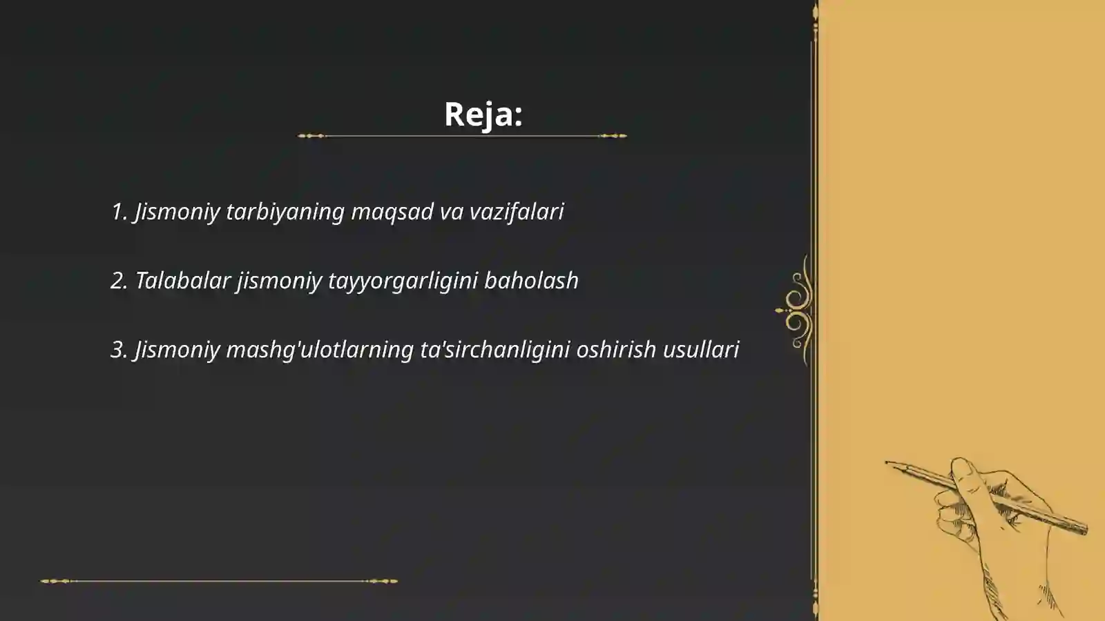Ta'lim muassasalarida jismoniy tarbiya va pedagogik nazorat Jismoniy tarbiya darslarining vazifalari 2