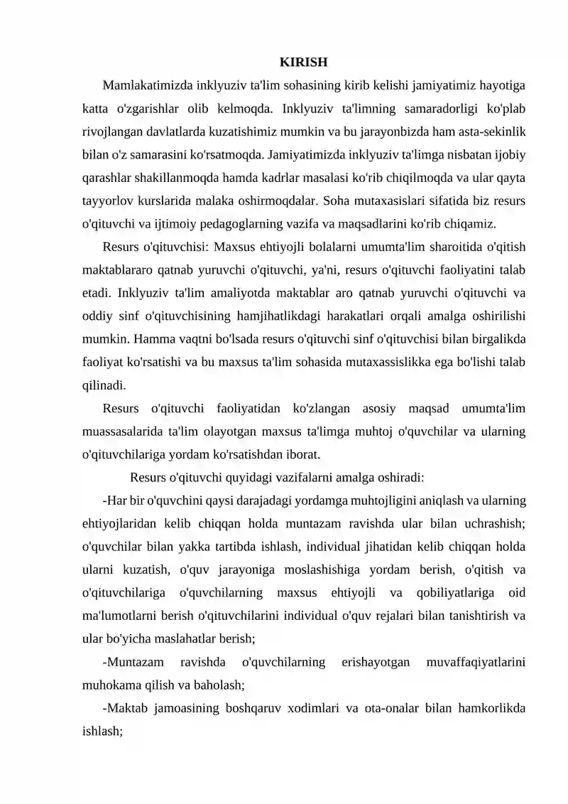INKLYUZIV TA’LIM TIZIMIDA FAOLIYAT KO‘RSATUVCHI RESURS O‘QITUVCHINING VAZIFALARI VA MAQSADLARI 2