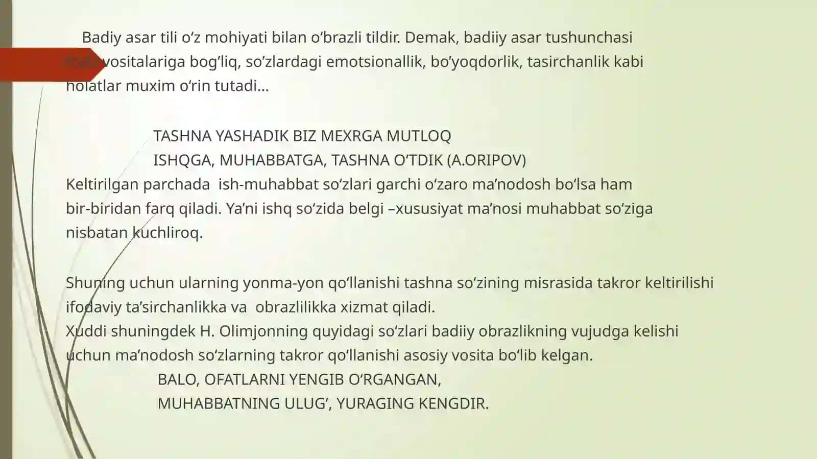 BADIIY NUTQNING ESTETIK TASIRI. OBRAZLI TIL. POETIK TIL 2
