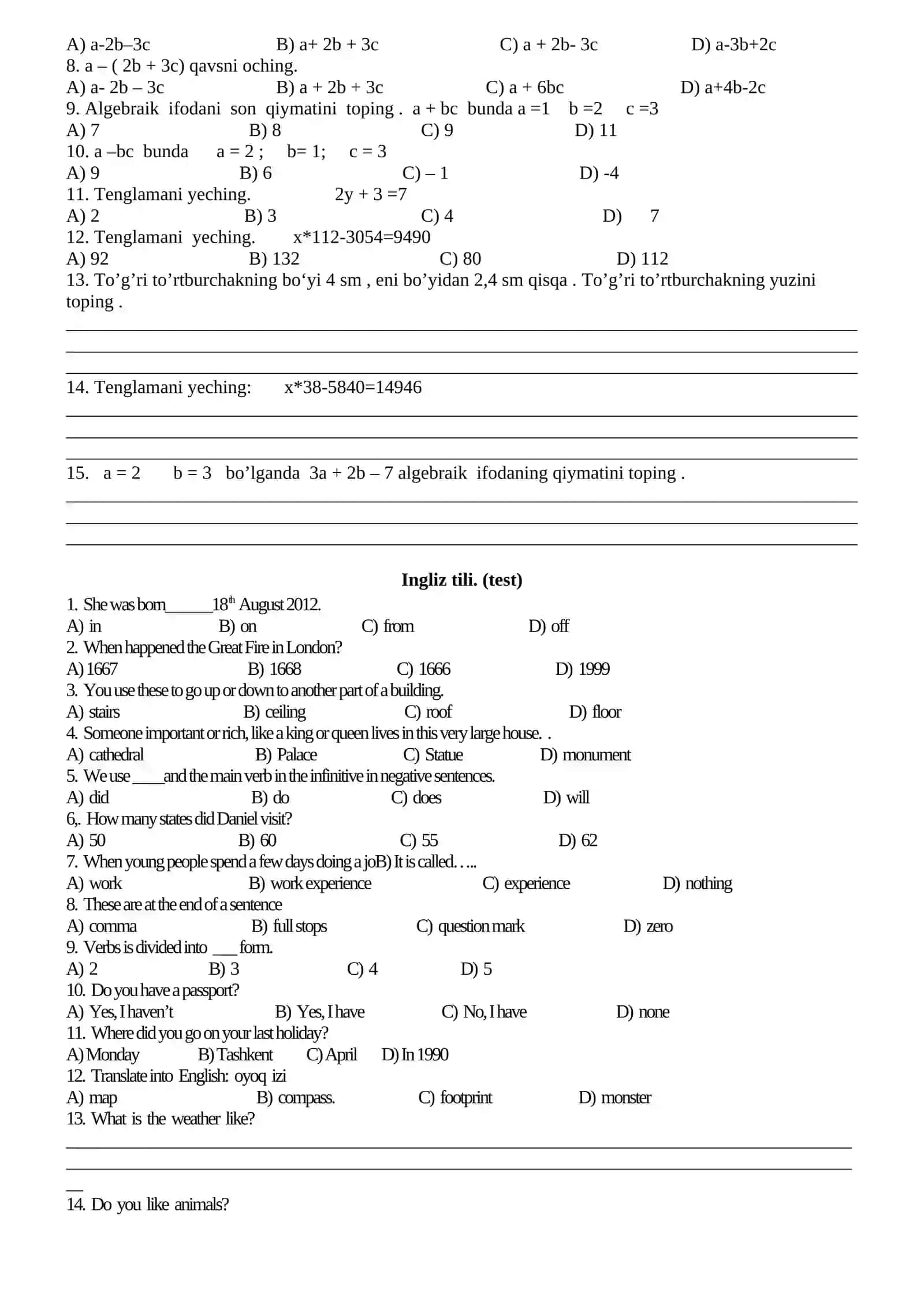 7-sinf. Tarix. (test) 2