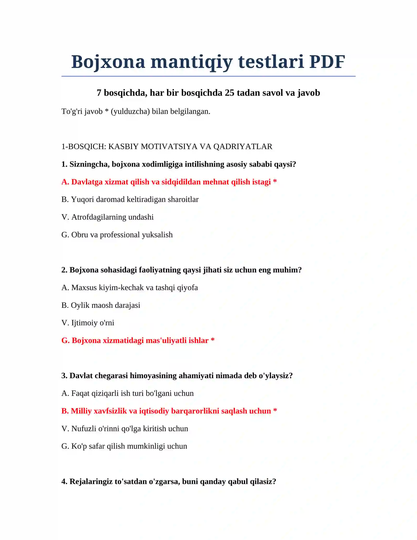 Bojxona mantiqiy testlari PDF 2