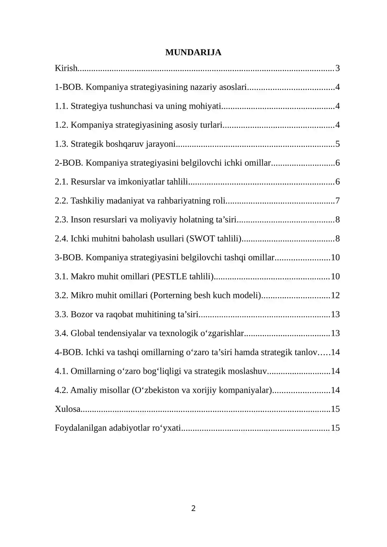 Kompaniya strategiyasini belgilovchi omillar. REFERAT 2