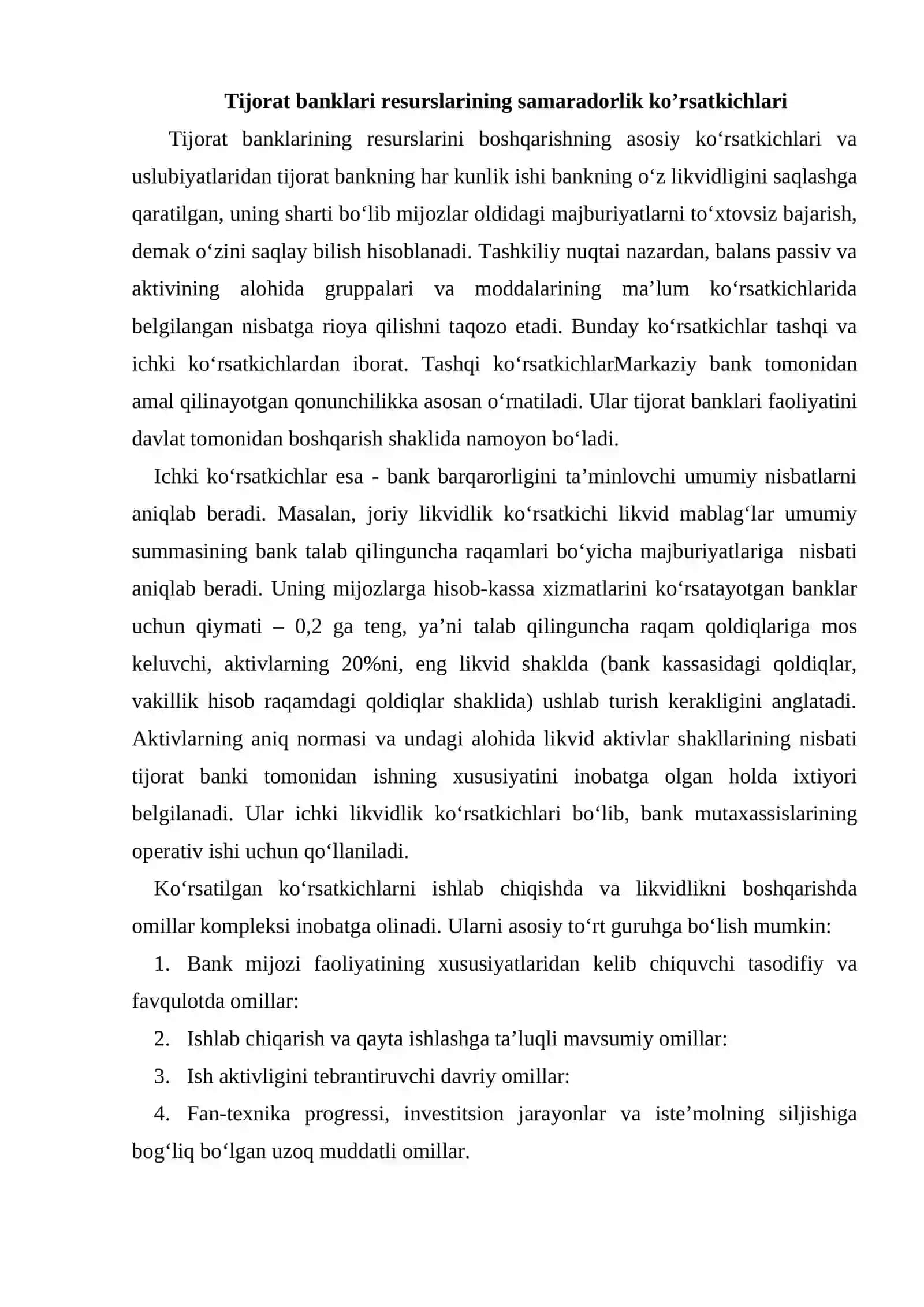 Tijorat banklari resurslarining samaradorlik ko’rsatkichlari 2