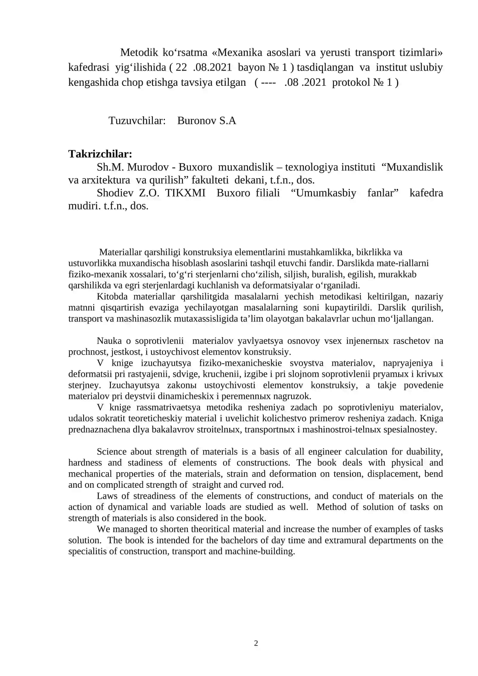 Metodik ko‘rsatma «Mexanika asoslari va yerusti transport tizimlari» 2