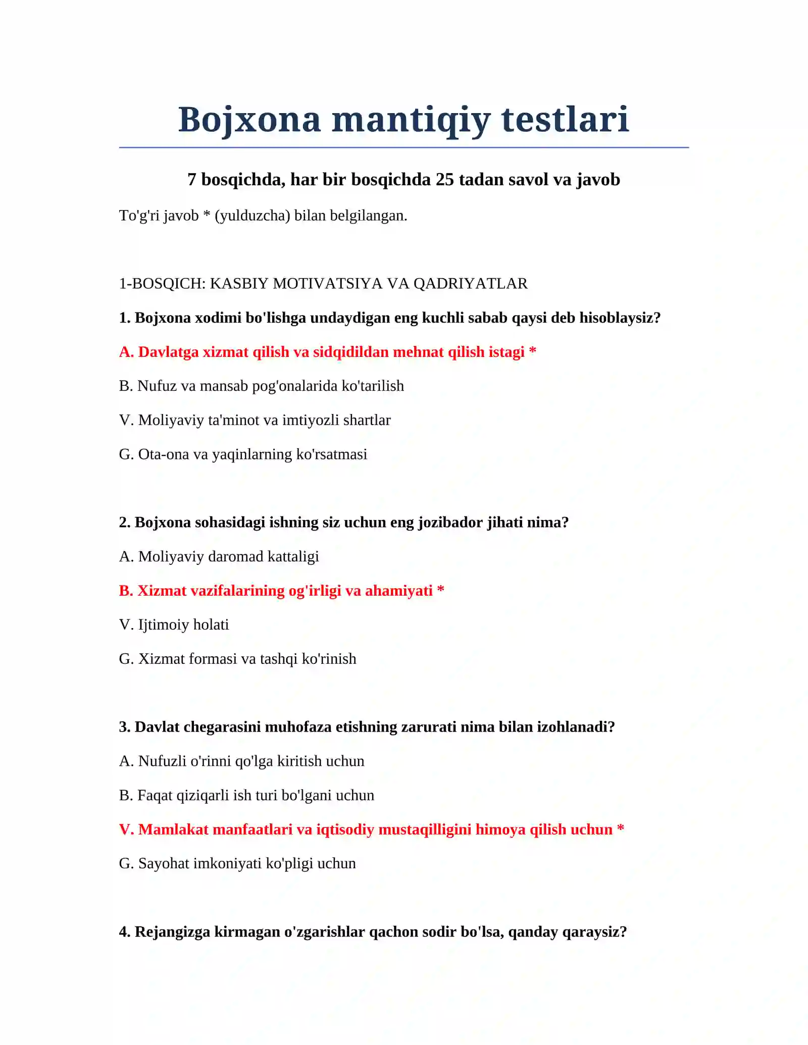 Bojxona mantiqiy testlari 2
