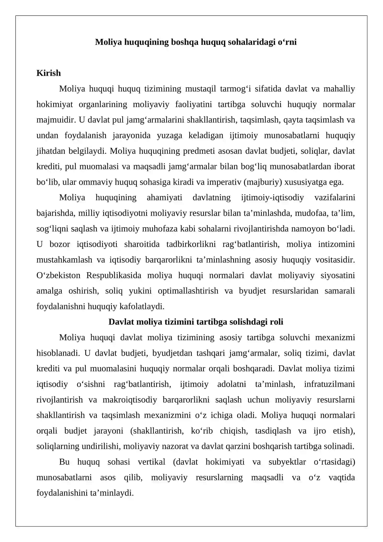 Moliya huquqining boshqa huquq sohalaridagi o‘rni 2