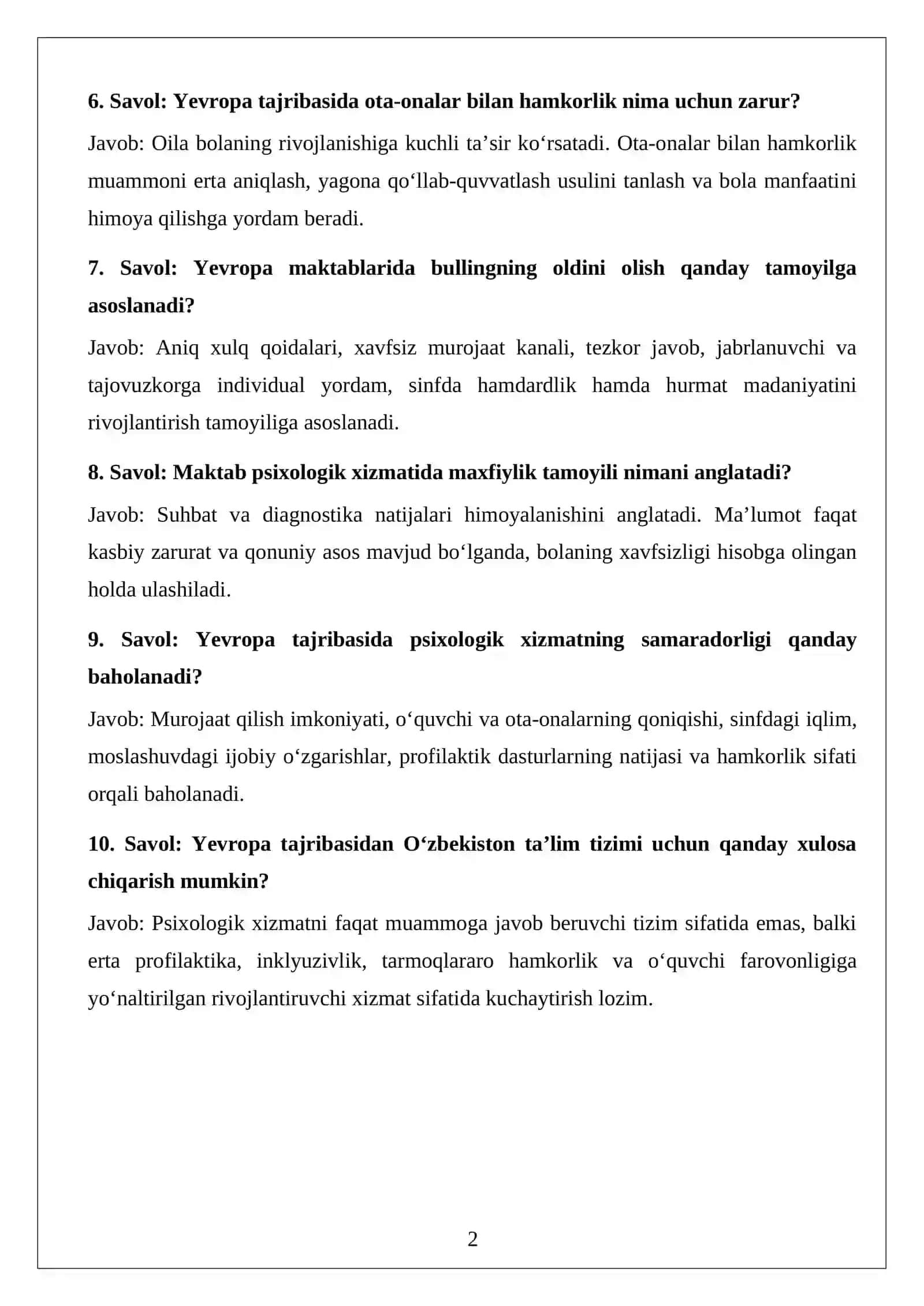 Ta’lim muassasalarida psixologik xizmat ko‘rsatish fanidan savol-javob 2