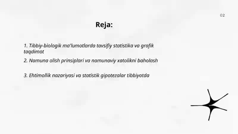 Tibbiy-biologik masalalarni echishda matematik statistika elementlaridan foydalanish, korrelyasion bogʻlanishlar va regressiya tenglamasi 2