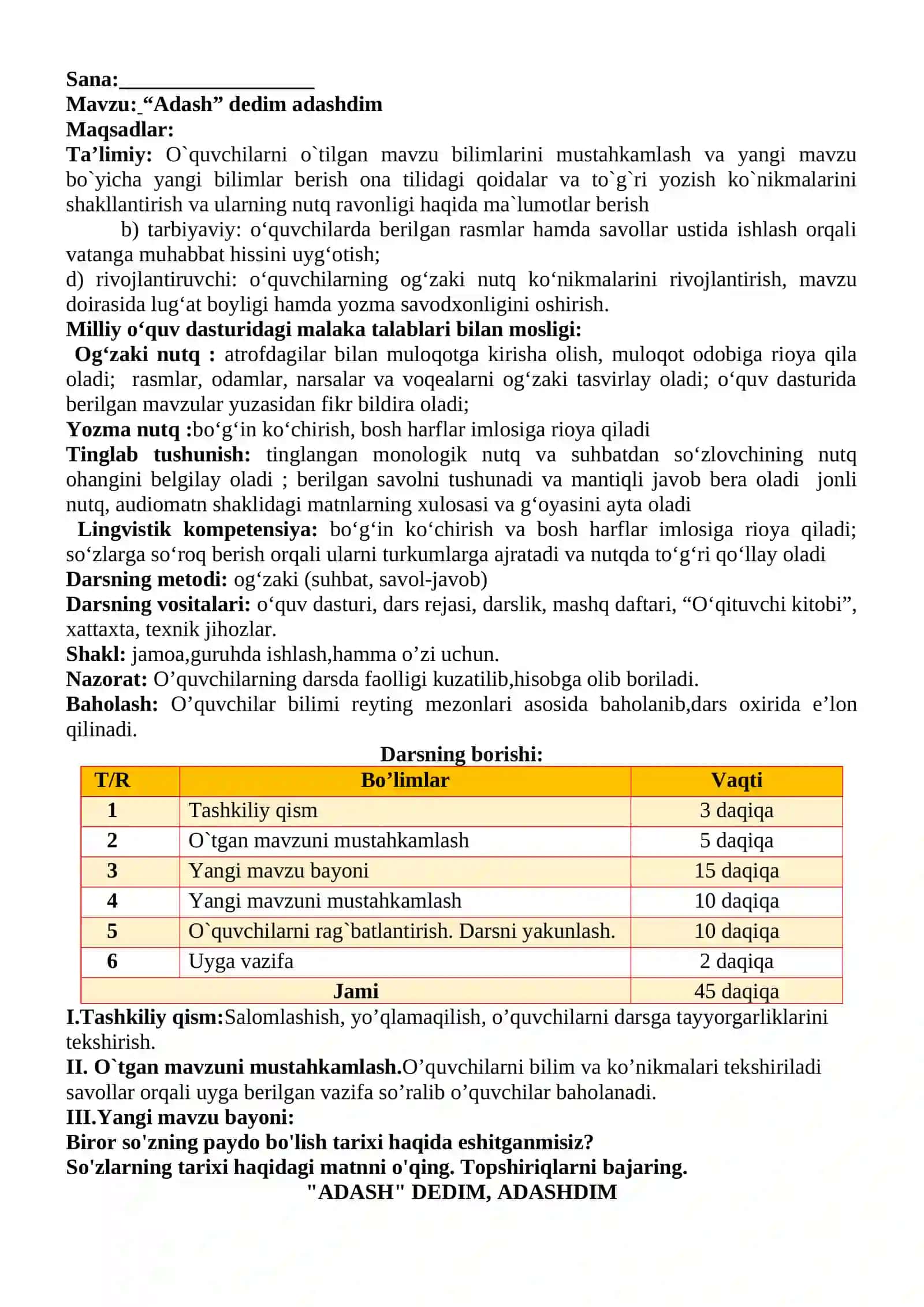 3-sinf Ona tili va o'qish savodxonligi fanidan Adash dedim adashdim mavzusida dars ishlanma 2