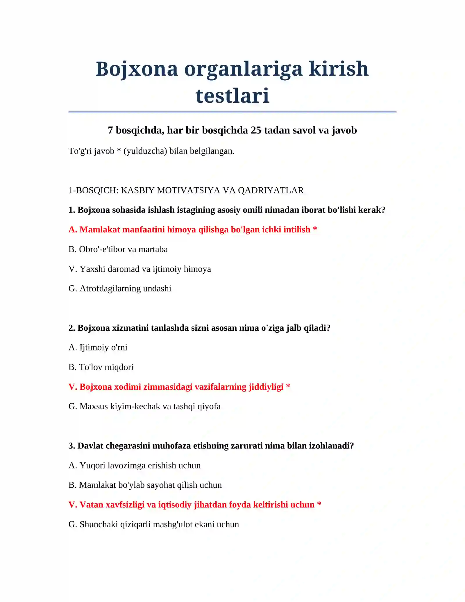 Bojxona organlariga kirish testlari 2
