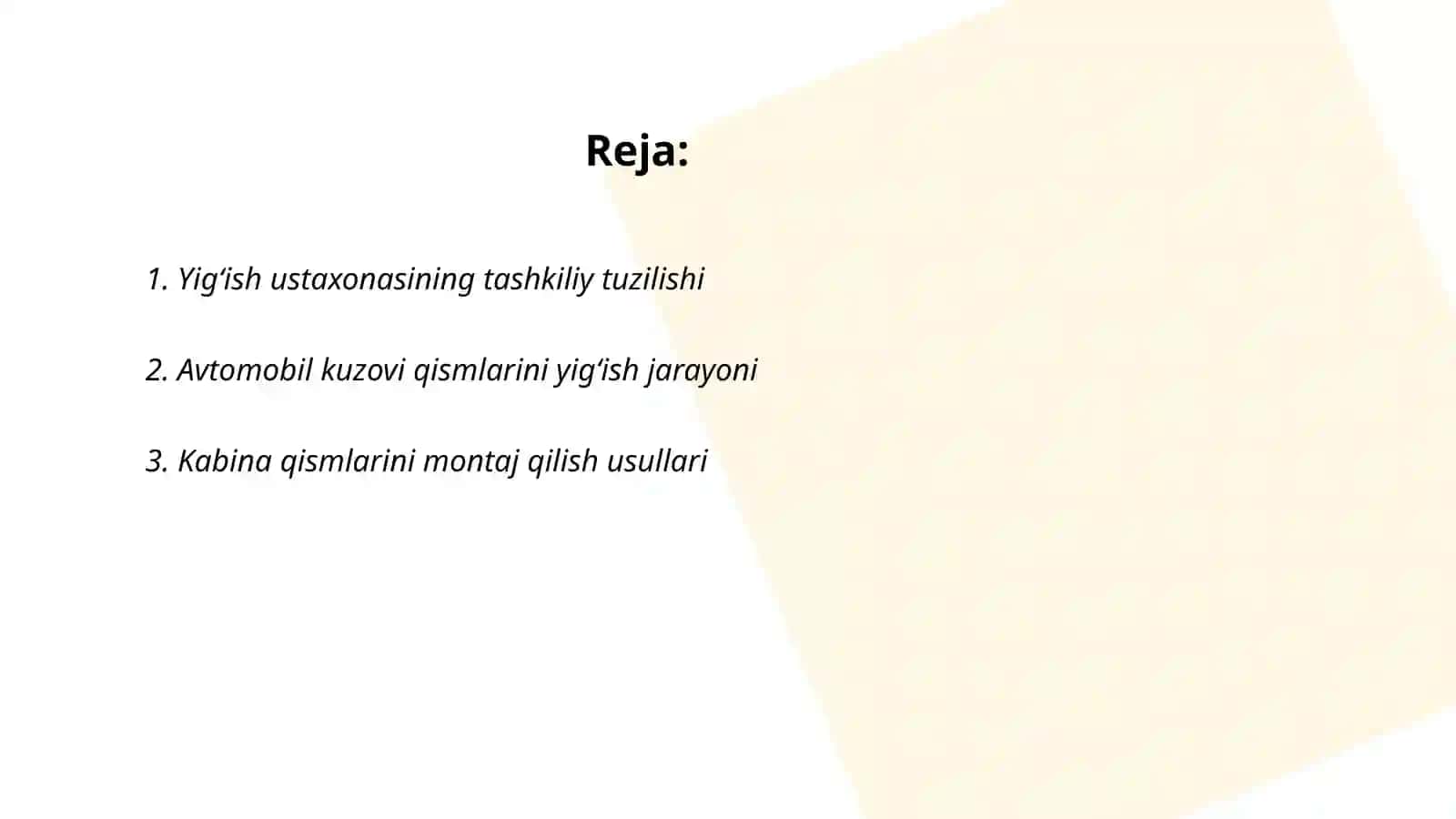 Avtomobil texnikalarini kuzovi va kabinasini yig‘ish o‘rnatish ustaxonasi ishini tashkil etish 2