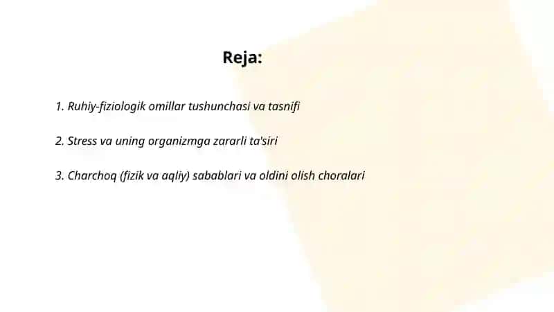 Ruhiy-fiziologik omillarga geginik tarif organizmga ularning zararli tasini oldini olish tadbirlari 2