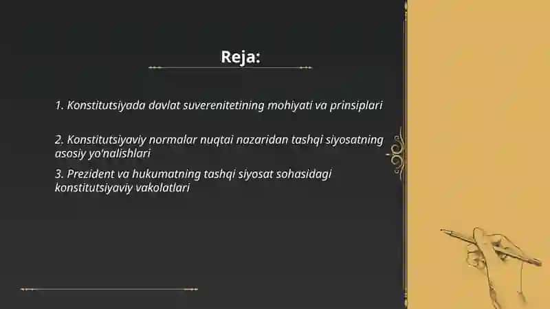 Davlat suvereniteti, tashqi siyosat, mudofaa va xavfsizlikning konstitutsiyaviy asoslari 2