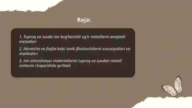 Tuproq va suvning ifloslanishida ion bogʻlanishning birikmalarining aniqlab ulardan tozalash ğoyasini yaratish 2