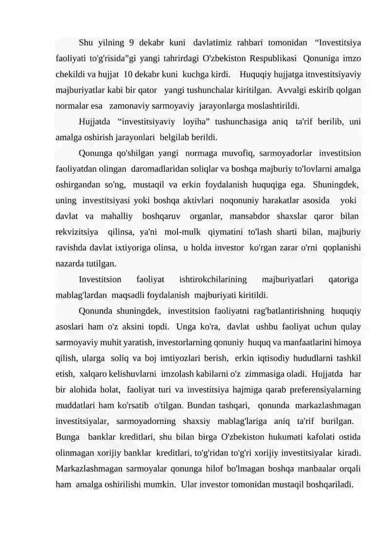 Investitsiyalarning huquq va majburiyatlari 2