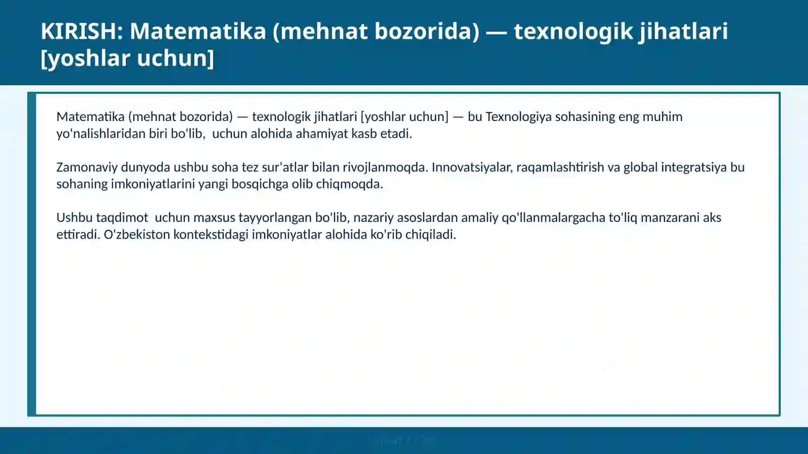 Matematika (mehnat bozorida) — texnologik jihatlari [yoshlar uchun] 2