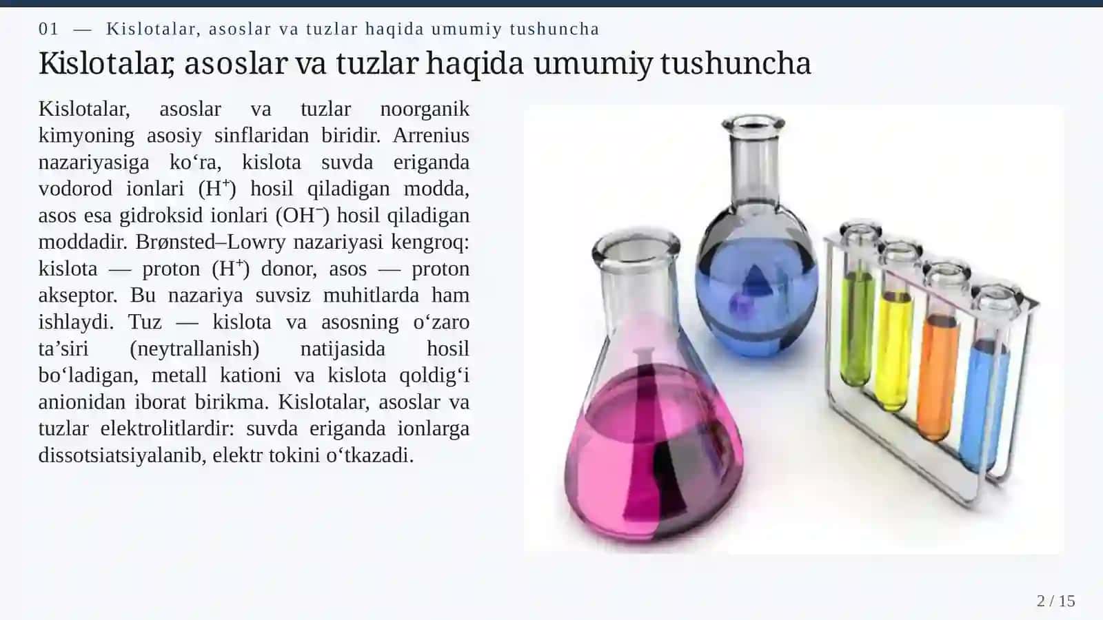 KISLOTALAR, ASOSLAR VA TUZLAR: XOSSALARI, REAKSIYALARI VA AMALIY AHAMIYATI 2