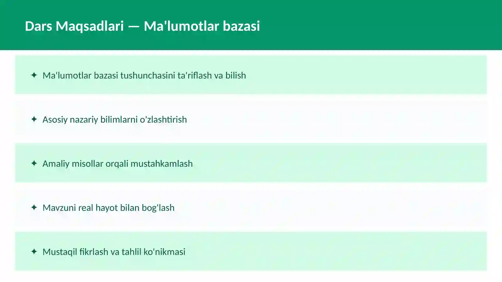 SQL O'qituvchilar va talabalar uchun dars ishlanma 2
