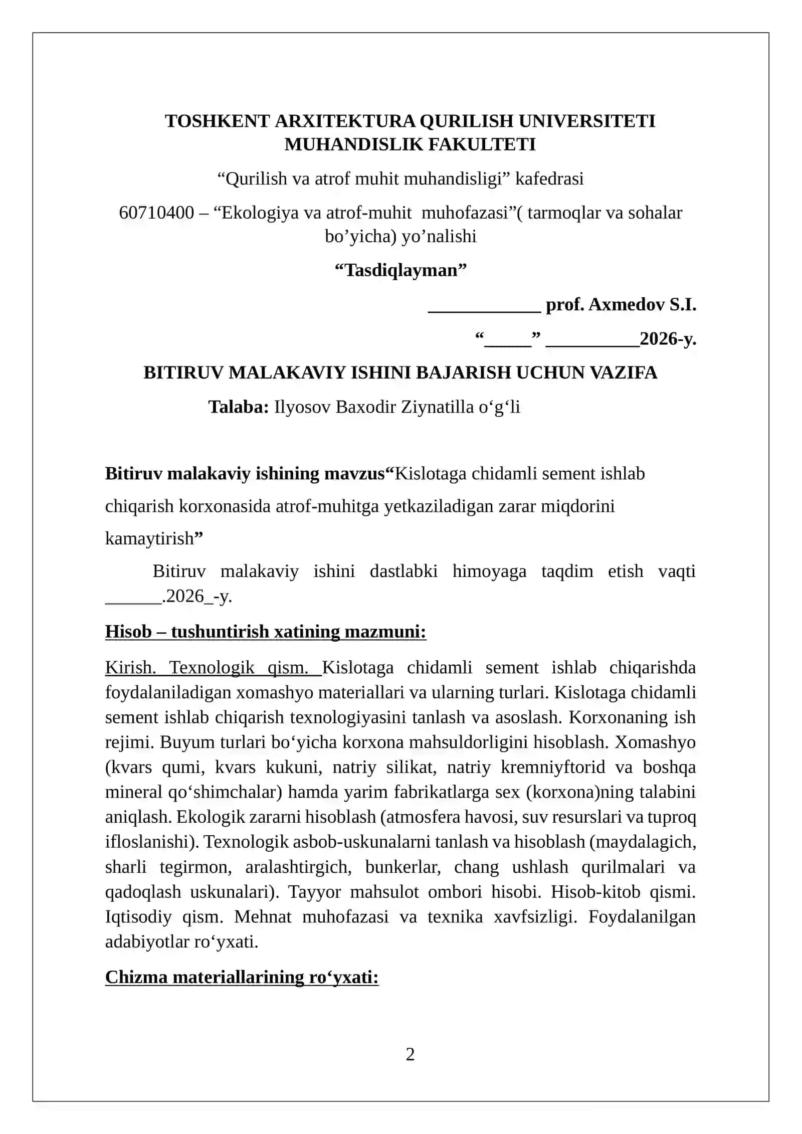 “Kislotaga chidamli sement ishlab chiqarish korxonasida atrof-muhitga yetqiziladigan zarar muqdorini 2
