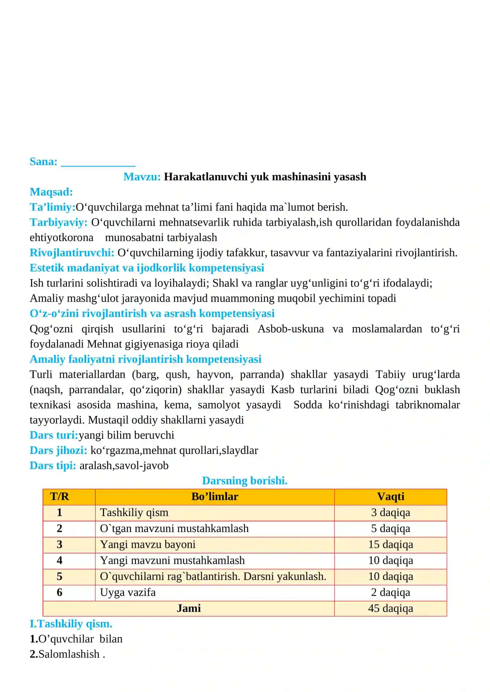 2-sinf Texnologiya fanidan Harakatlanuvchi yuk mashinasini yasash dars ishlanma 2