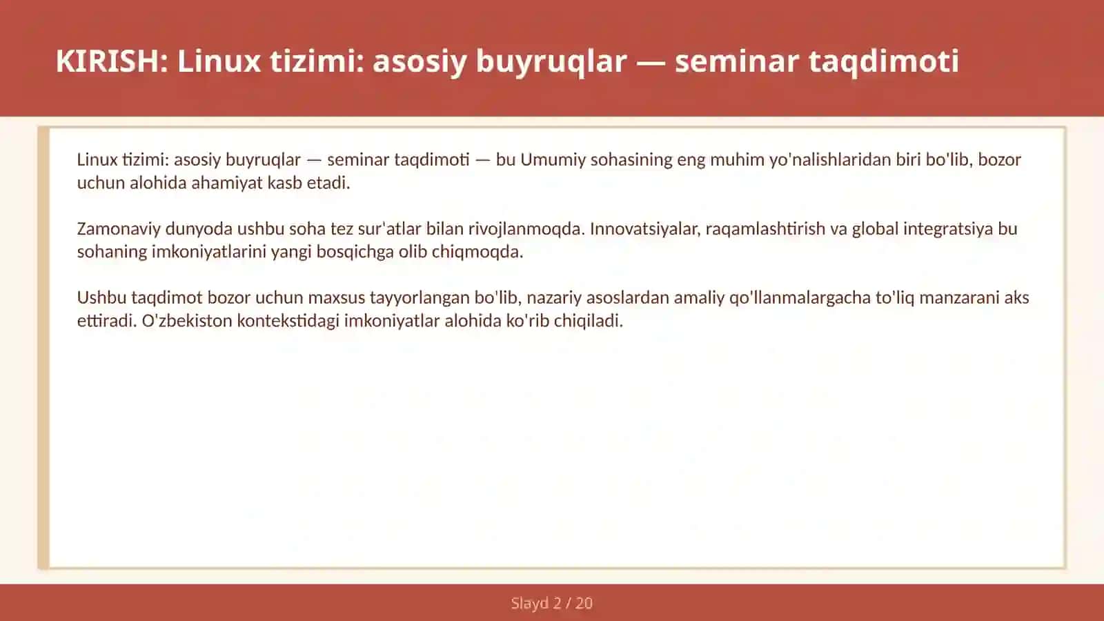 Linux tizimi: asosiy buyruqlar — seminar taqdimoti 2