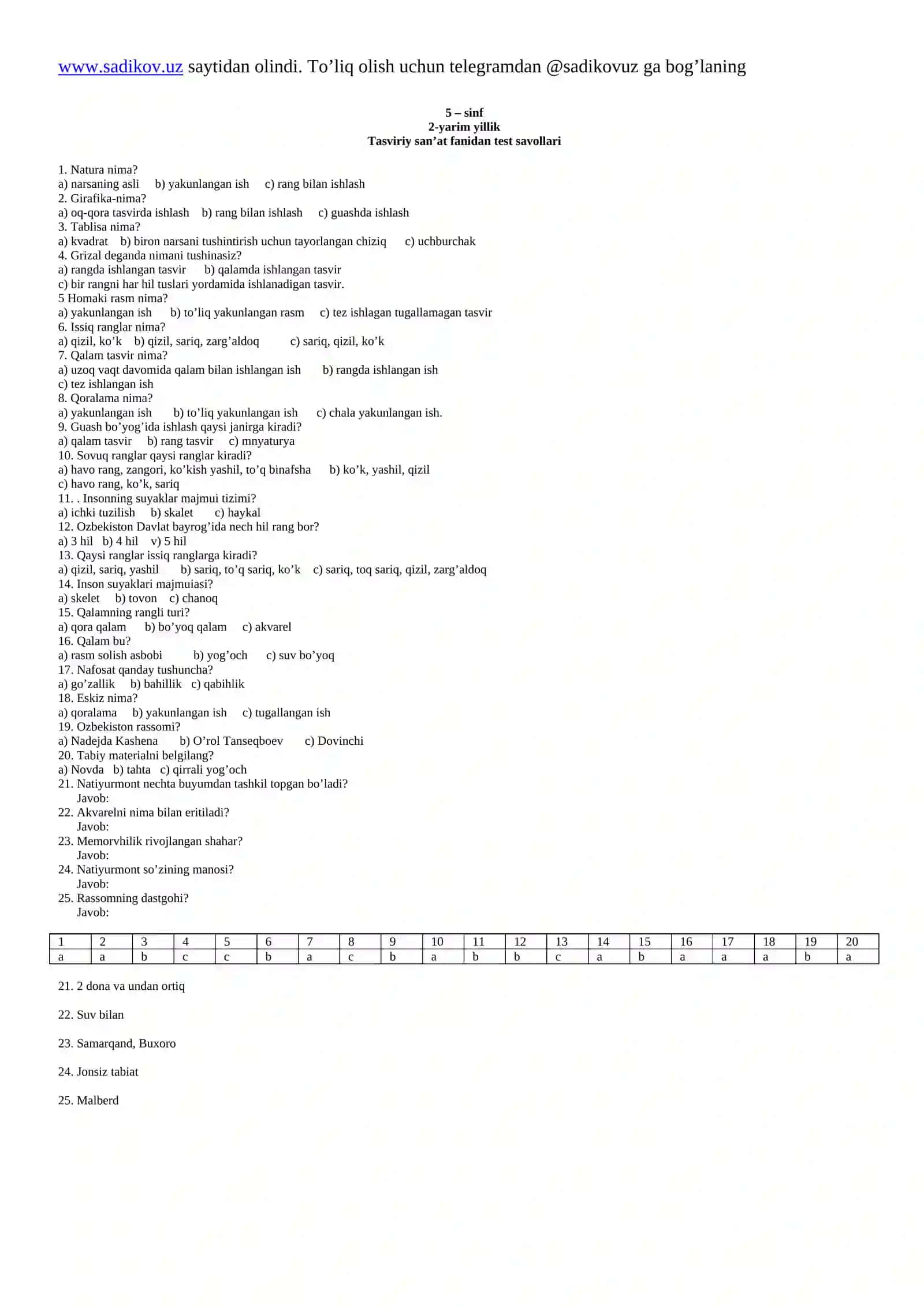 5 – sinf Tasviriy san’at fanidan test savollari 2