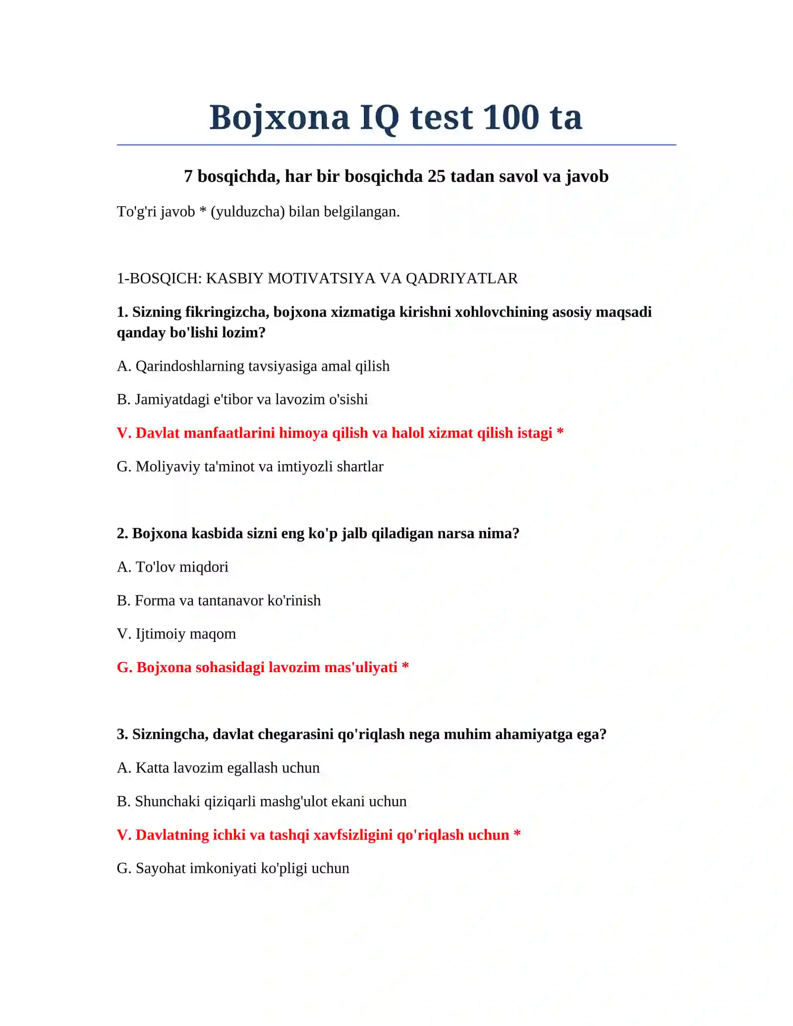 Bojxona IQ test 100 ta 2