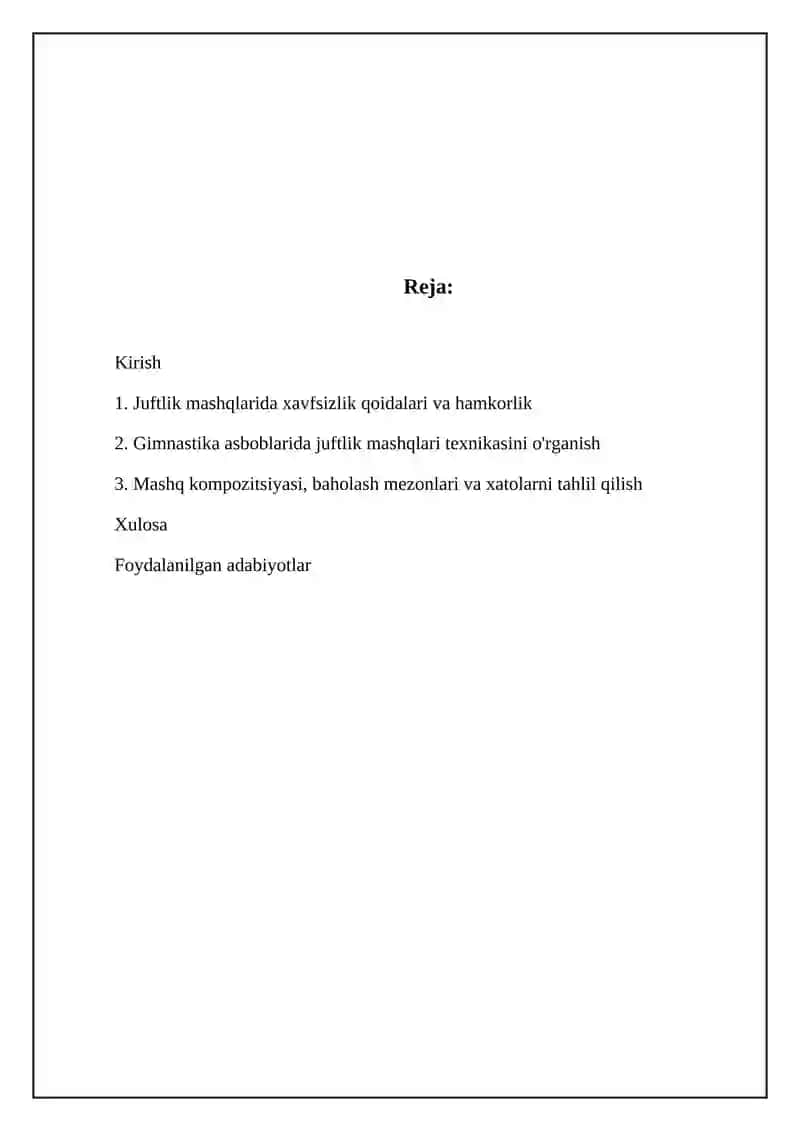 Juftlikda bajariladigan URM. Gimnastika snaryatlarida bajariladigan mashqlar texnikasini o’rganish 2